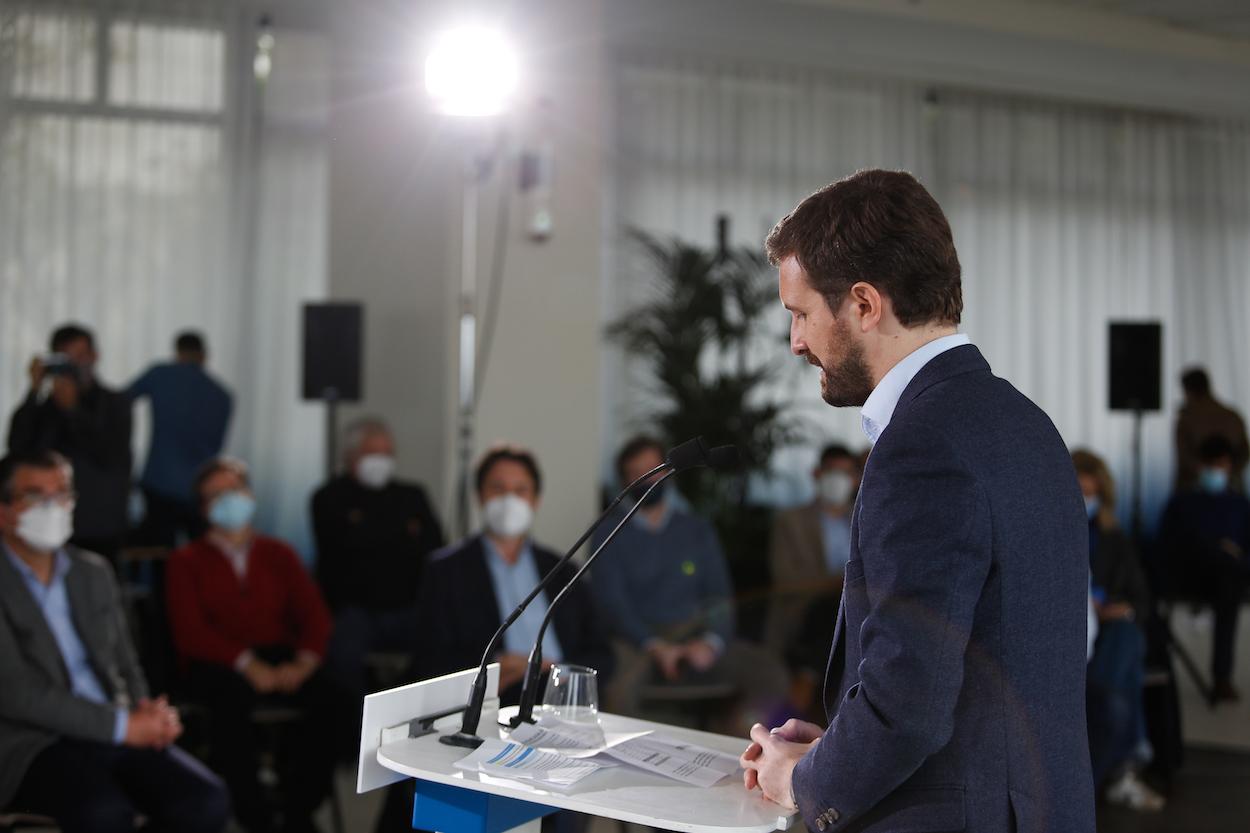 El presidente del PP, Pablo Casado, durante un acto de campaña en Tarragona