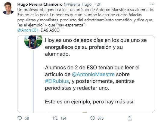 Tuit de Hugo Pereira contra un profesor