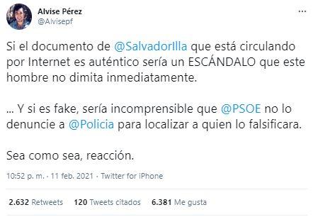 Alvise se lava las manos tras difundir el bulo del positivo de Salvador Illa.