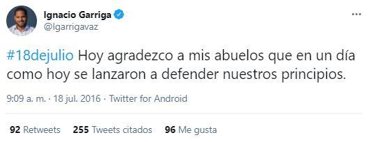 Tuit de Ignacio Garriga en 2016