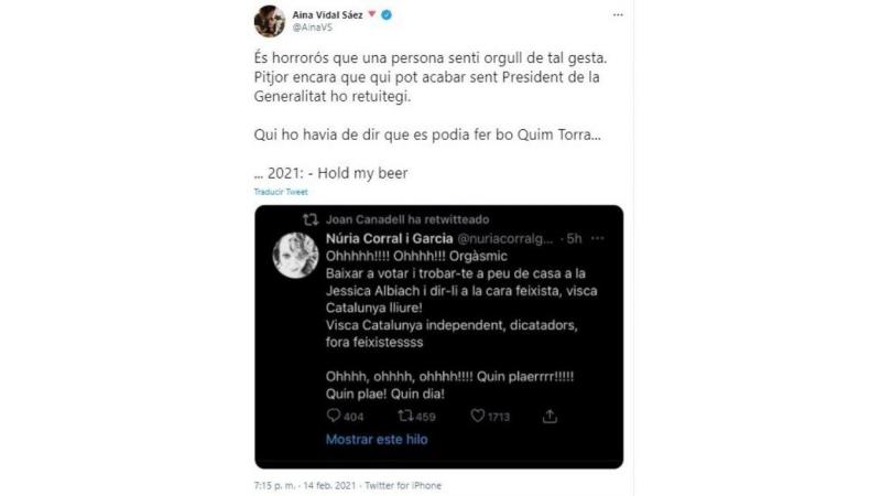 Aina Vidal condena el apoyo de un miembro de JxCat a un tuit extremista