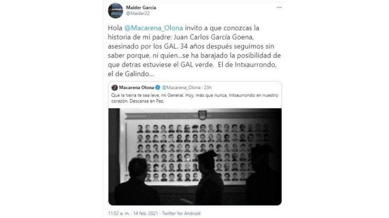 La hija de un asesinado por el GAL responde a Macarena Olona La hija de un asesinado por el GAL responde a Macarena Olona