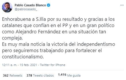 Tuit de Casado tras las elecciones catalanas