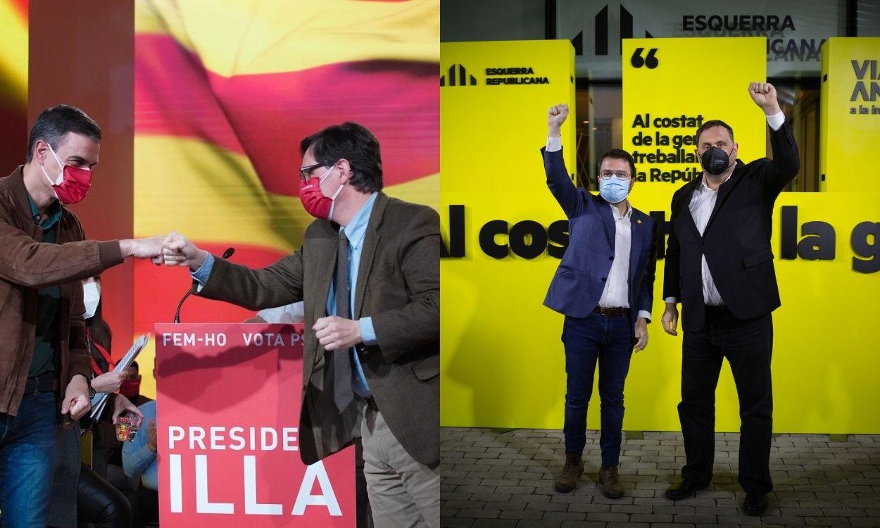Pedro Sánchez y Salvador Illa en la campaña junto a Oriol Junqueras y Pere Aragonés el 14 F. 
