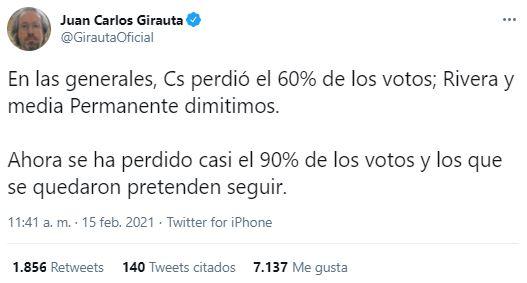 Girauta carga contra Arrimadas por el resultado de Ciudadanos en Cataluña