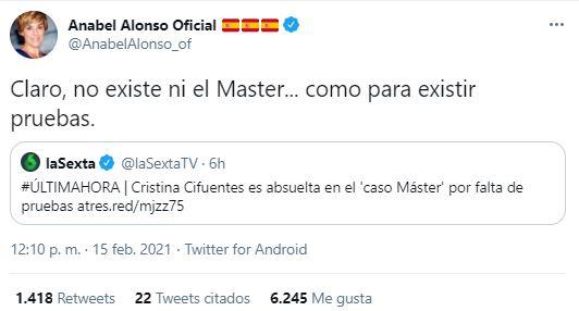 Tuit de Anabel Alonso sobre el 'caso Máster'