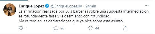 Tuit de Enrique López desmintiendo la información. 