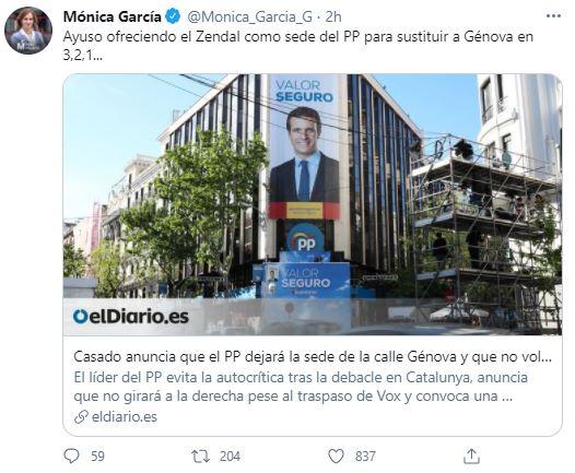 Tuit de Mónica García sobre la sede del PP