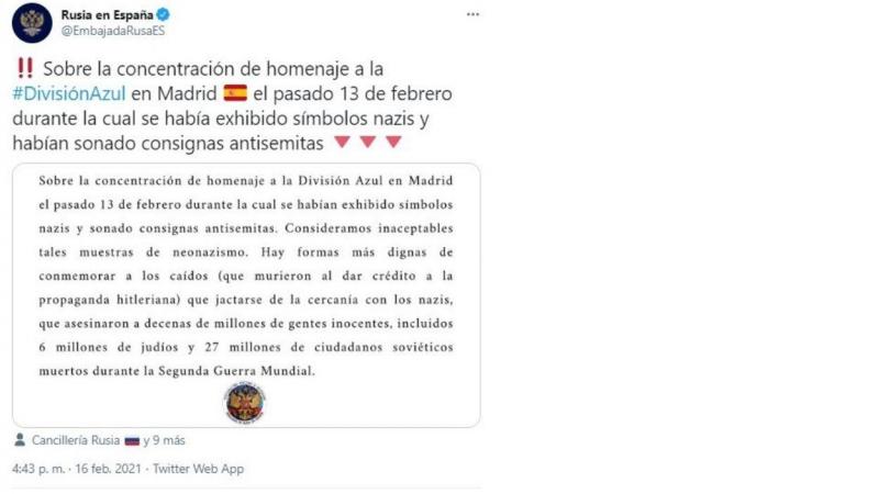 Mensaje de la Embajada de Rusia en España contra el homenaje a la División Azul Mensaje de la Embajada de Rusia en España contra el homenaje a la División Azul