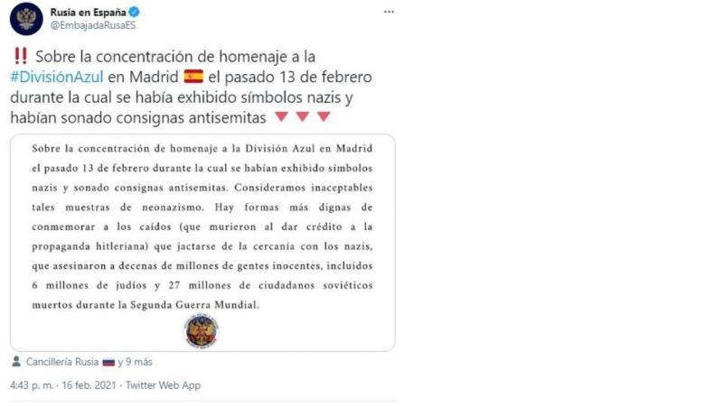 Mensaje de la Embajada de Rusia en España contra el homenaje a la División Azul