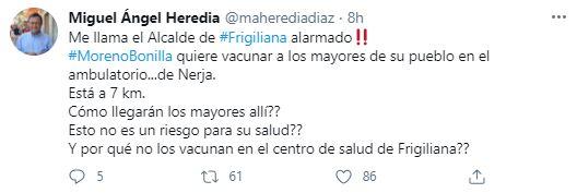 Tuit de Heredia sobre la vacunación a mayores de 80 años en Frigiliana