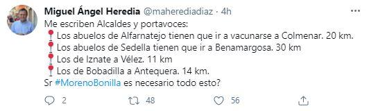 Tuit de Heredia sobre la vacunación en los pueblos