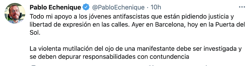 Tuit de Pablo Echenique sobre los disturbios de la manifestación en apoyo a Pablo Hasel Tuit de Pablo Echenique sobre los disturbios de la manifestación en apoyo a Pablo Hasel