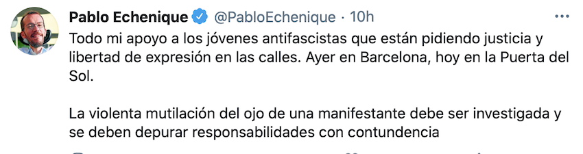 Tuit de Pablo Echenique sobre los disturbios de la manifestación en apoyo a Pablo Hasel