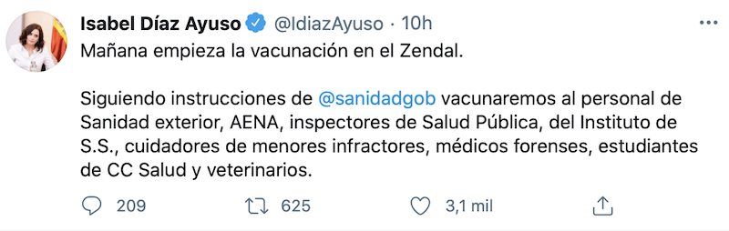Tuit de Ayuso celebrando vacunación del Zendal