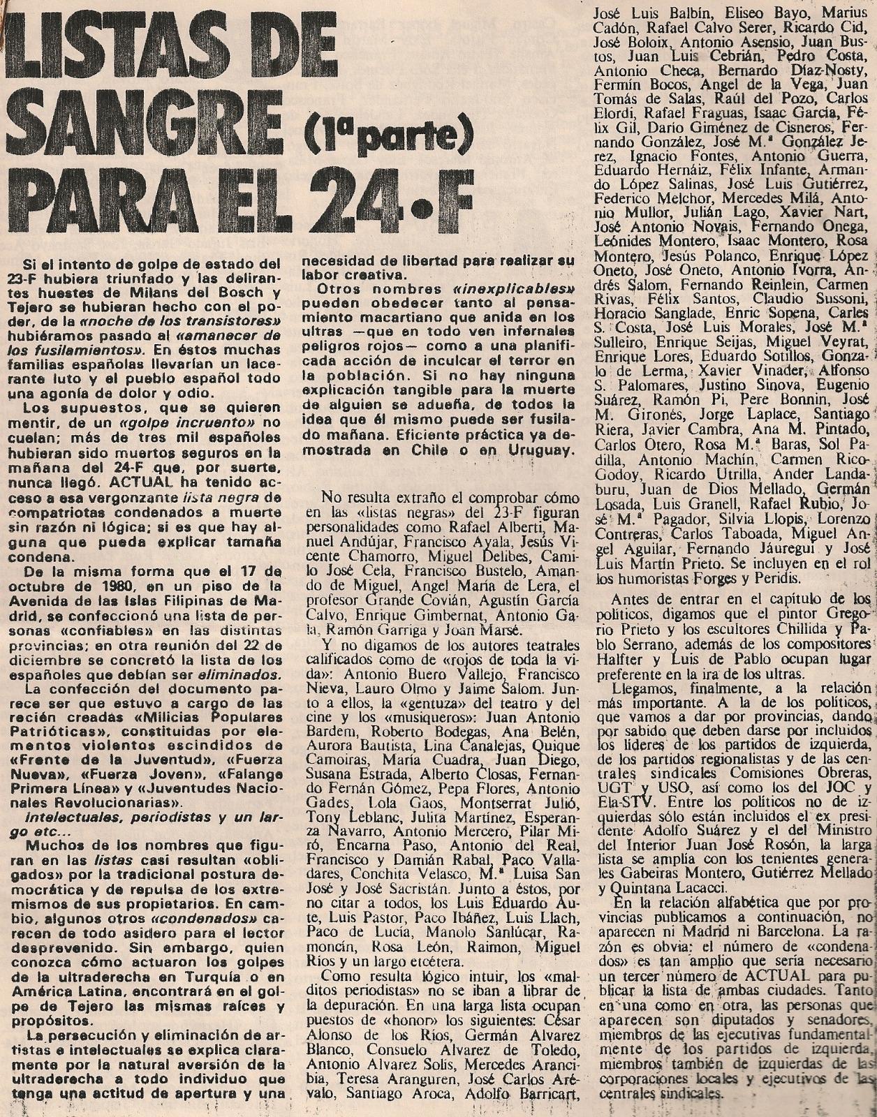 Información del semanario Actual sobre las listas de fusilados de los golpistas para el 24-F.