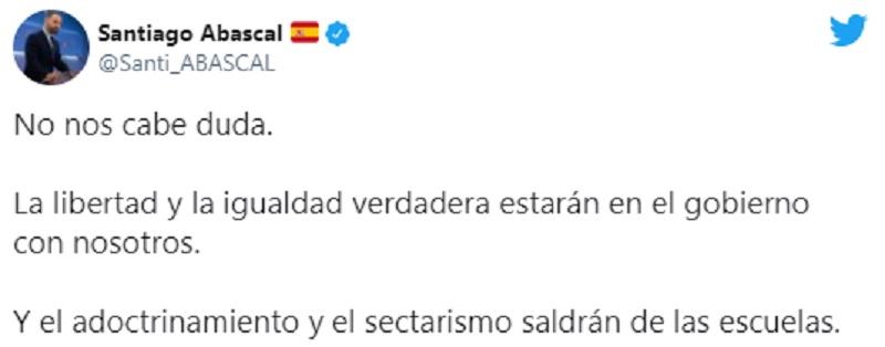 Tuit de Santiago Abascal tildando el feminismo de sectarismo Tuit de Santiago Abascal tildando el feminismo de sectarismo