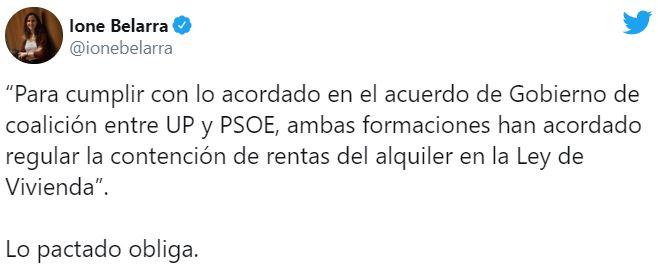 El tuit de Ione Belarra El tuit de Ione Belarra