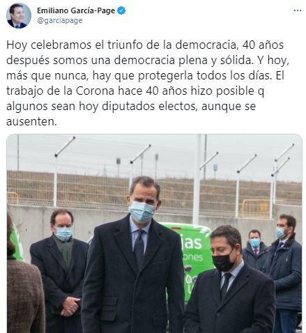 Tuit de Emiliano García Page en el aniversario del Golpe de Estado fallido del 23F