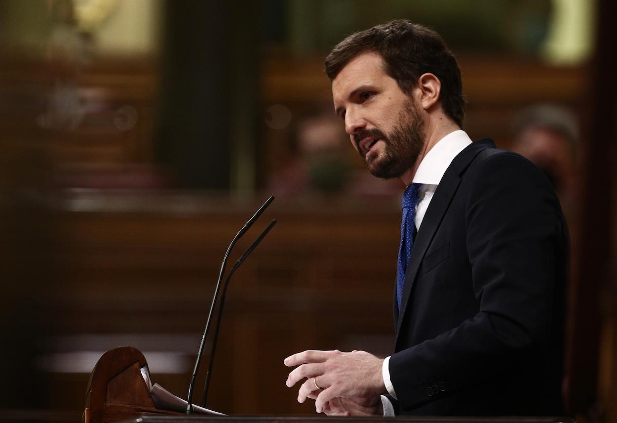 El líder del PP, Pablo Casado, interviene en una sesión de Control al Gobierno en el Congreso de los Diputados