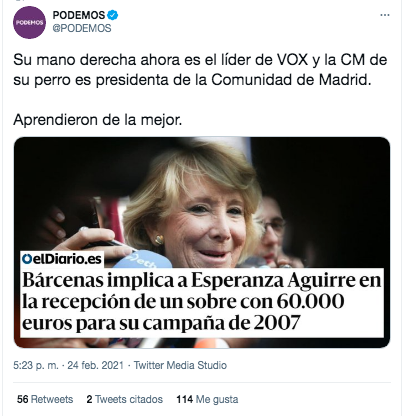 Tuit de Podemos sobre Esperanza Aguirre