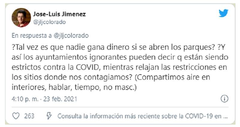 Tuit del científico José Luis Jiménez sobre el contagio por el aire