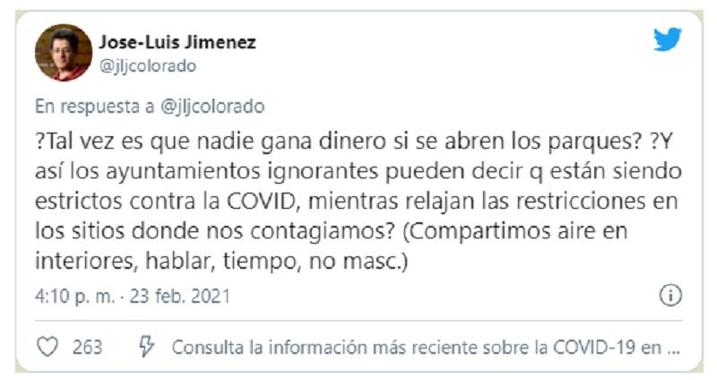 Tuit del científico José Luis Jiménez sobre el contagio por el aire Tuit del científico José Luis Jiménez sobre el contagio por el aire