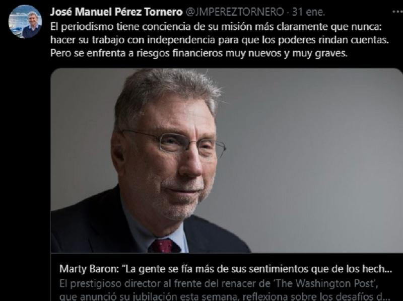 El tuit de José Manuel Pérez Tornero sobre la independencia en el periodismo