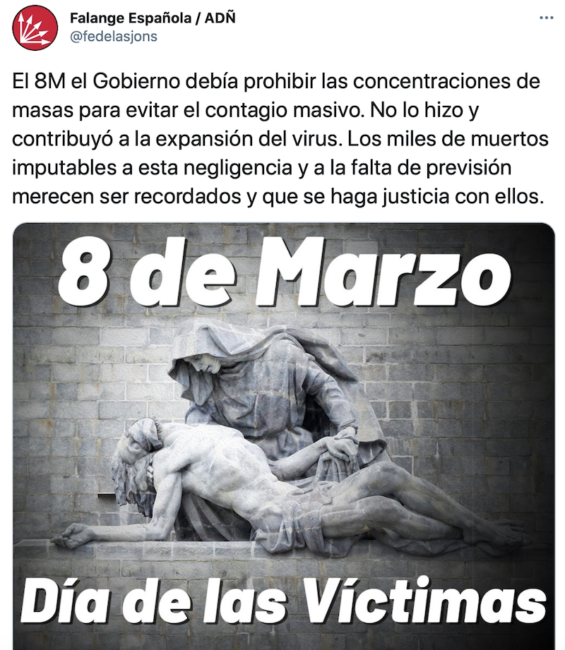 Tuit de la Falange sobre el 8M Tuit de la Falange sobre el 8M