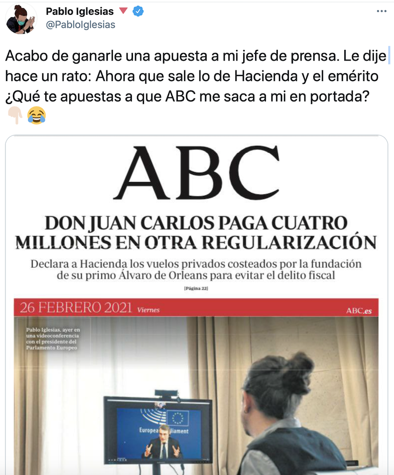 Tuit de Pablo Iglesias sobre la portada de ABC Tuit de Pablo Iglesias sobre la portada de ABC