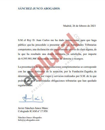 Captura del comunicado del abogado del rey Juan Carlos I.