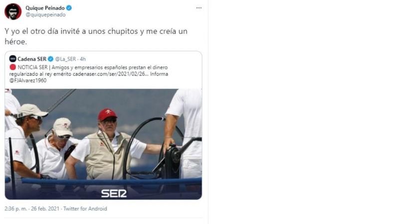 Quique Peinado comenta la última noticia de Juan Carlos I en Twitter. Quique Peinado comenta la última noticia de Juan Carlos I en Twitter.