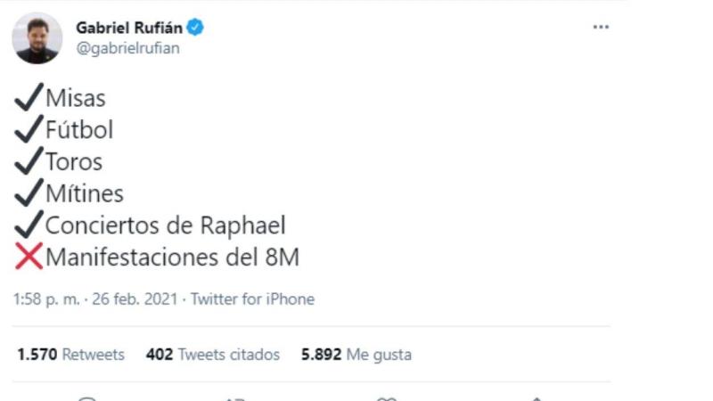 Gabriel Rufián protesta sobre las quejas a la celebración del 8 M.