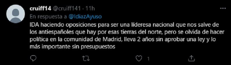 Un usuario dice que Díaz Ayuso hace oposiciones para ser una lideresa nacional Un usuario dice que Díaz Ayuso hace oposiciones para ser una lideresa nacional