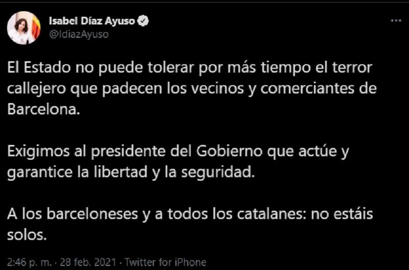 Díaz Ayuso exige a Sánchez que actúe en Cataluña
