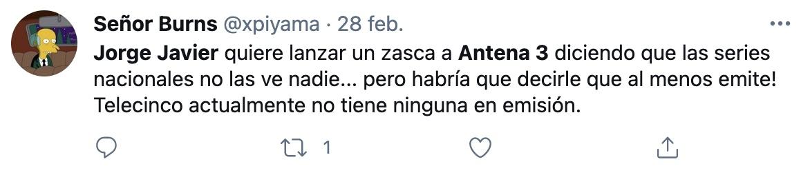 Tuit contra el comentario de Jorge Javier contra Antena 3