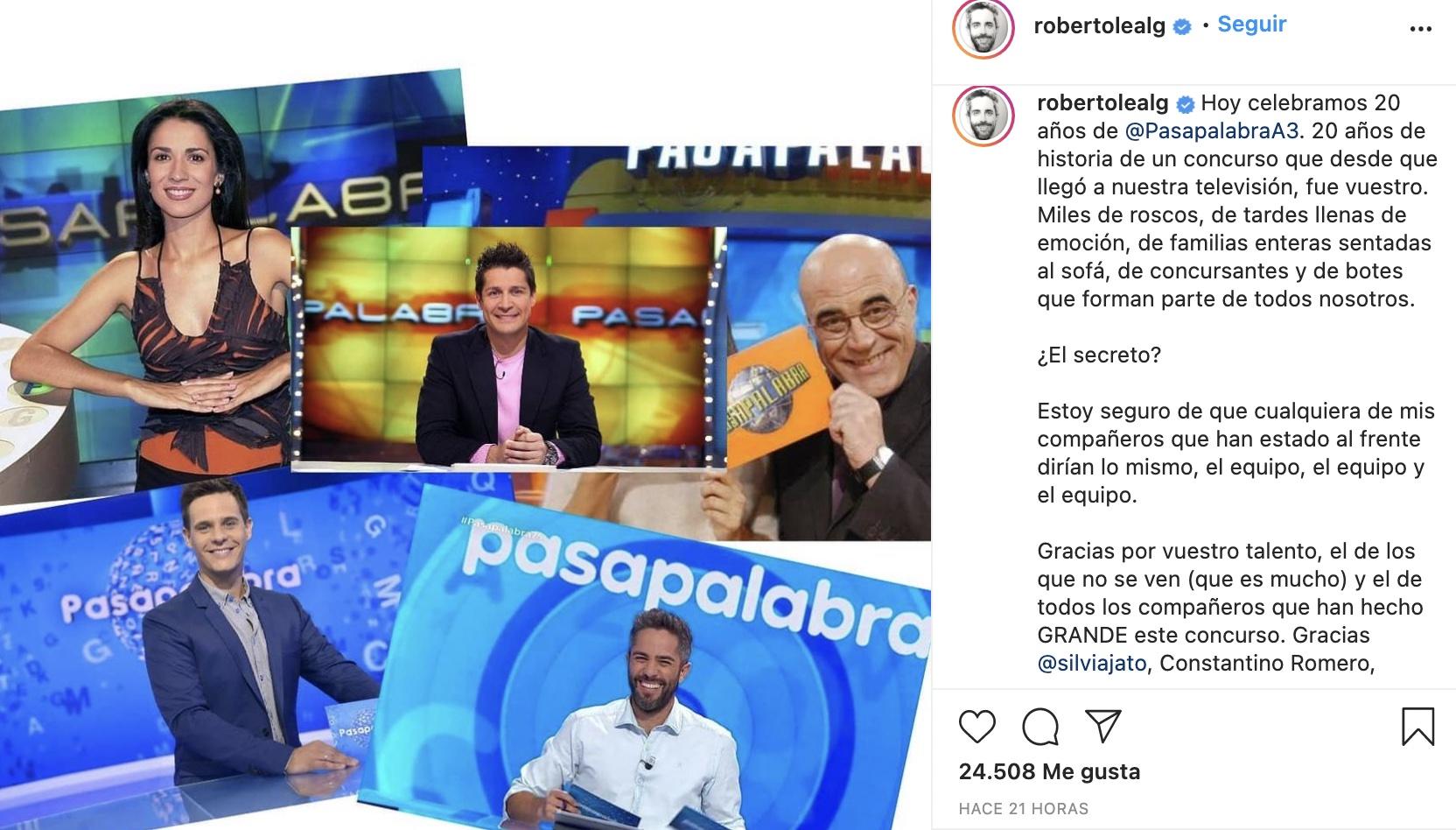 Mensaje de Roberto Leal en el aniversario de 'Pasapalabra'. Instagram
