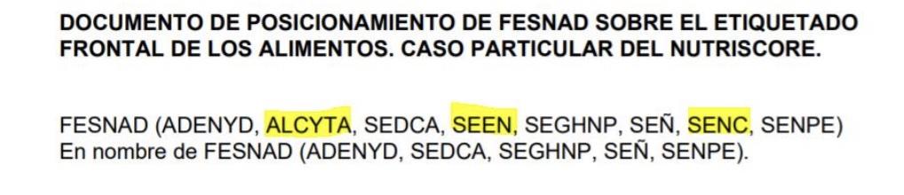 Captura del documento original de FESNAD sobre Nutri Score Captura del documento original de FESNAD sobre Nutri Score