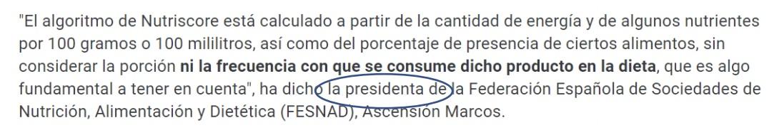 Parte del documento de FESNAD sobre Nutri Score Parte del documento de FESNAD sobre Nutri Score