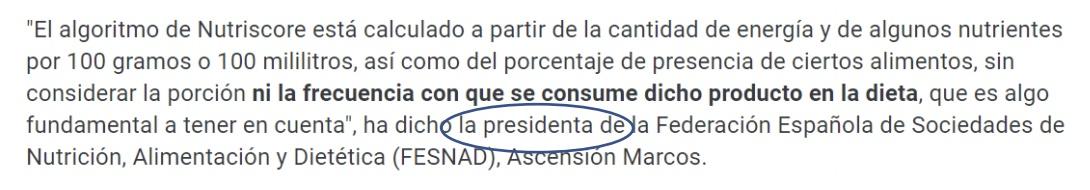 Parte del documento de FESNAD sobre Nutri Score