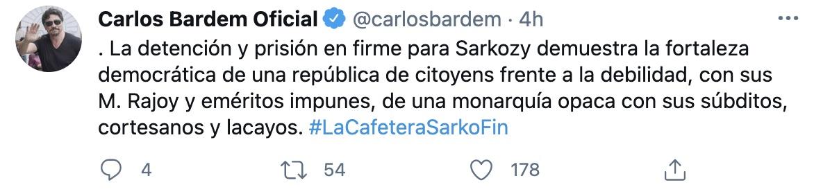 Tuit de Carlos Bardem sobre la condena a Sarkozy