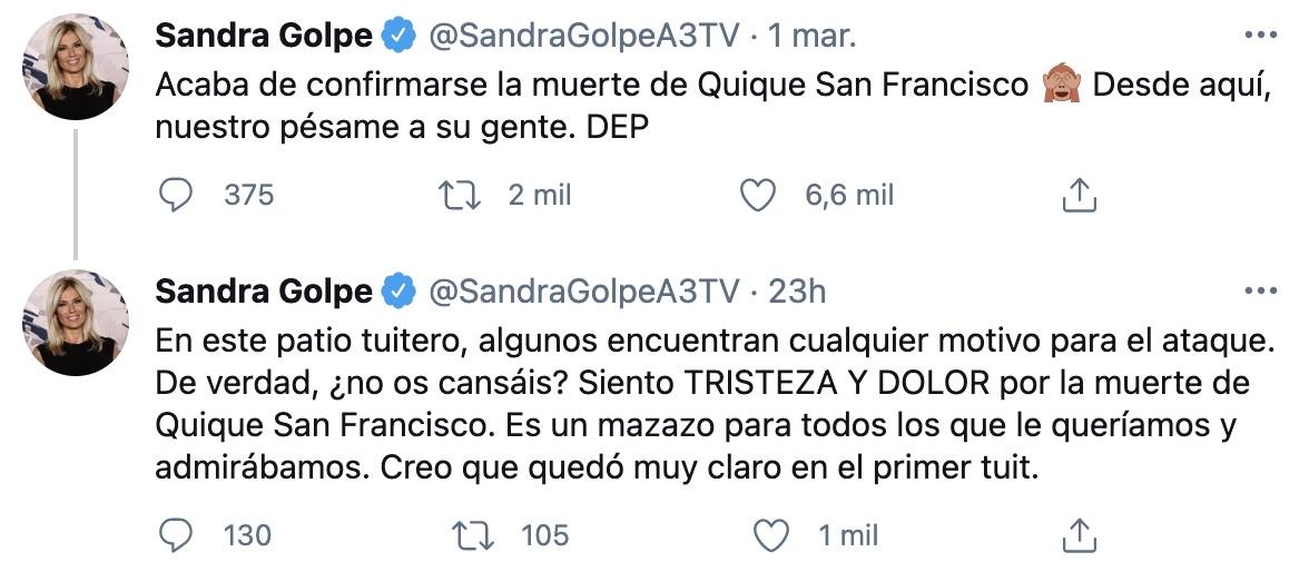 Tuit de Sandra Golpe por las críticas en su mensaje a Quique San Francisco
