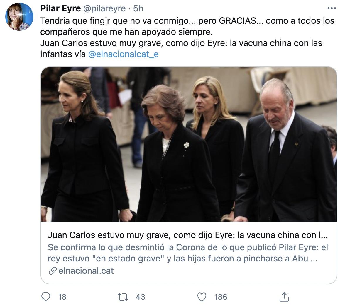 Tuit de Pilar Eyre al conocerse la verdad de sus informaciones sobre el emérito