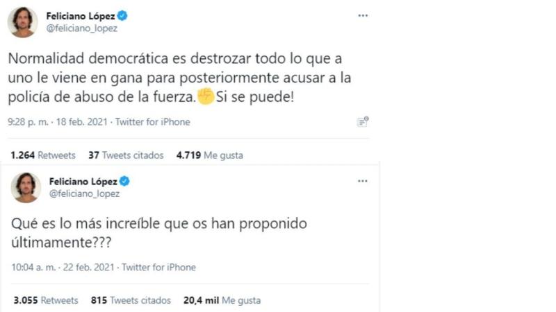 Los incendiarios comentarios de Feliciano López hacia políticos de izquierda en Twitter. Los incendiarios comentarios de Feliciano López hacia políticos de izquierda en Twitter.