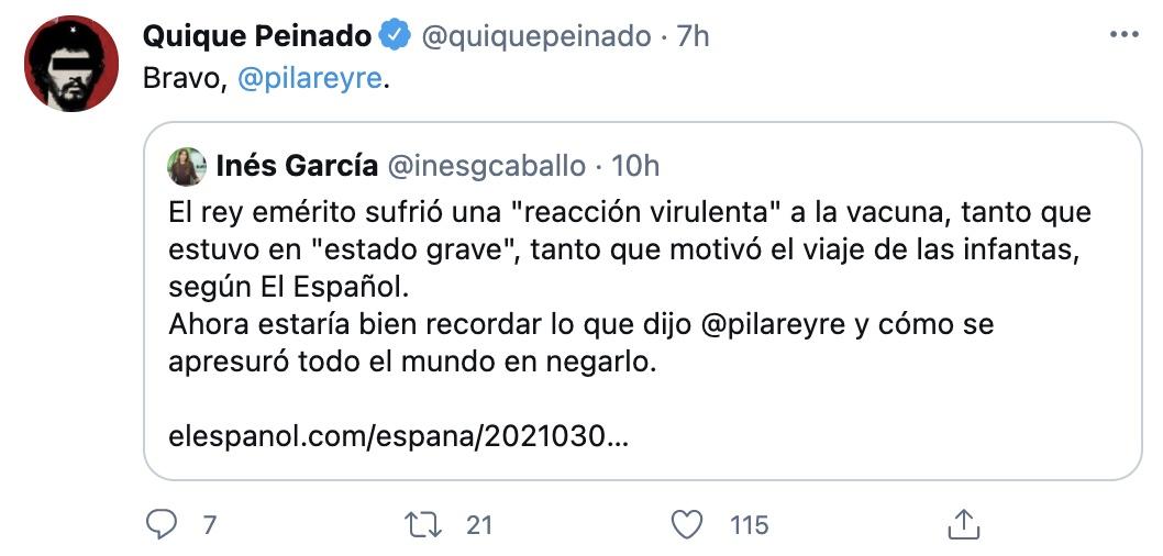 Tuit de Quique Peinado a Pilar Eyre