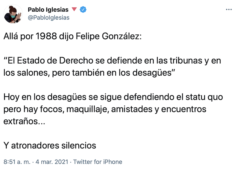 Captura del tuit de Iglesias sobre Dolores Delgado