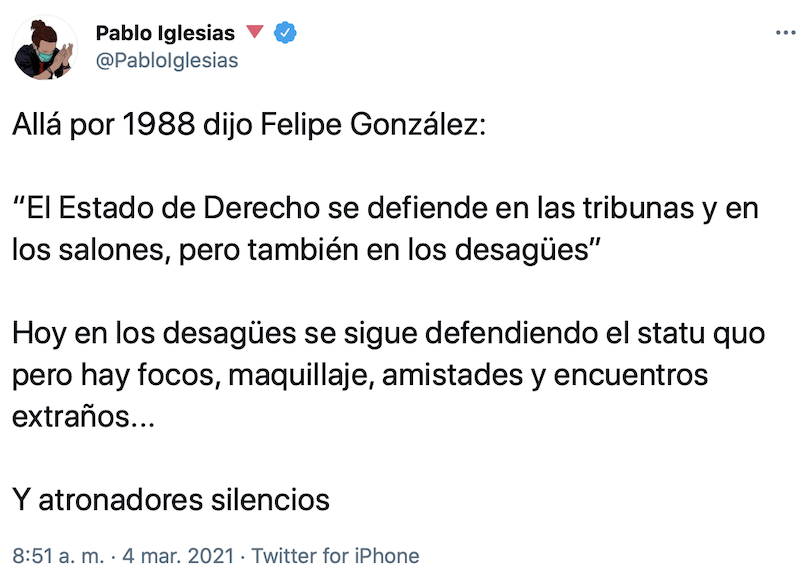 Captura del tuit de Iglesias sobre Dolores Delgado Captura del tuit de Iglesias sobre Dolores Delgado