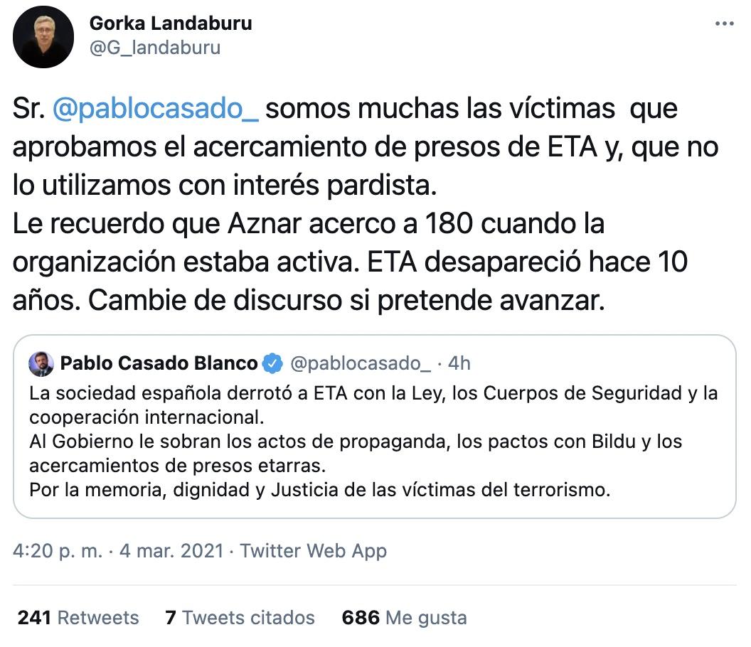 Tuit de Gorka Landaburu contra Casado Tuit de Gorka Landaburu contra Casado