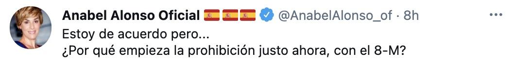 Tuit de Anabel Alonso sobre el 8M Tuit de Anabel Alonso sobre el 8M
