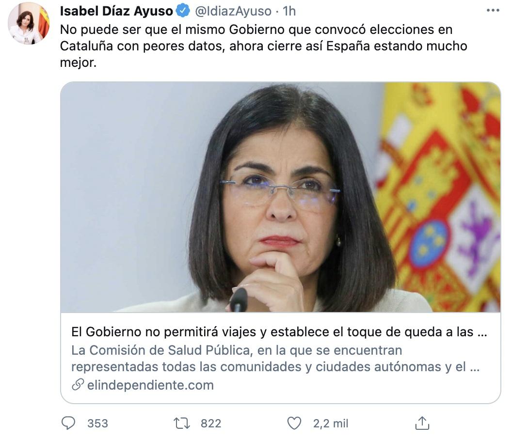 Tuit de Ayuso contra el acuerdo entre comunidades y Sanidad Tuit de Ayuso contra el acuerdo entre comunidades y Sanidad